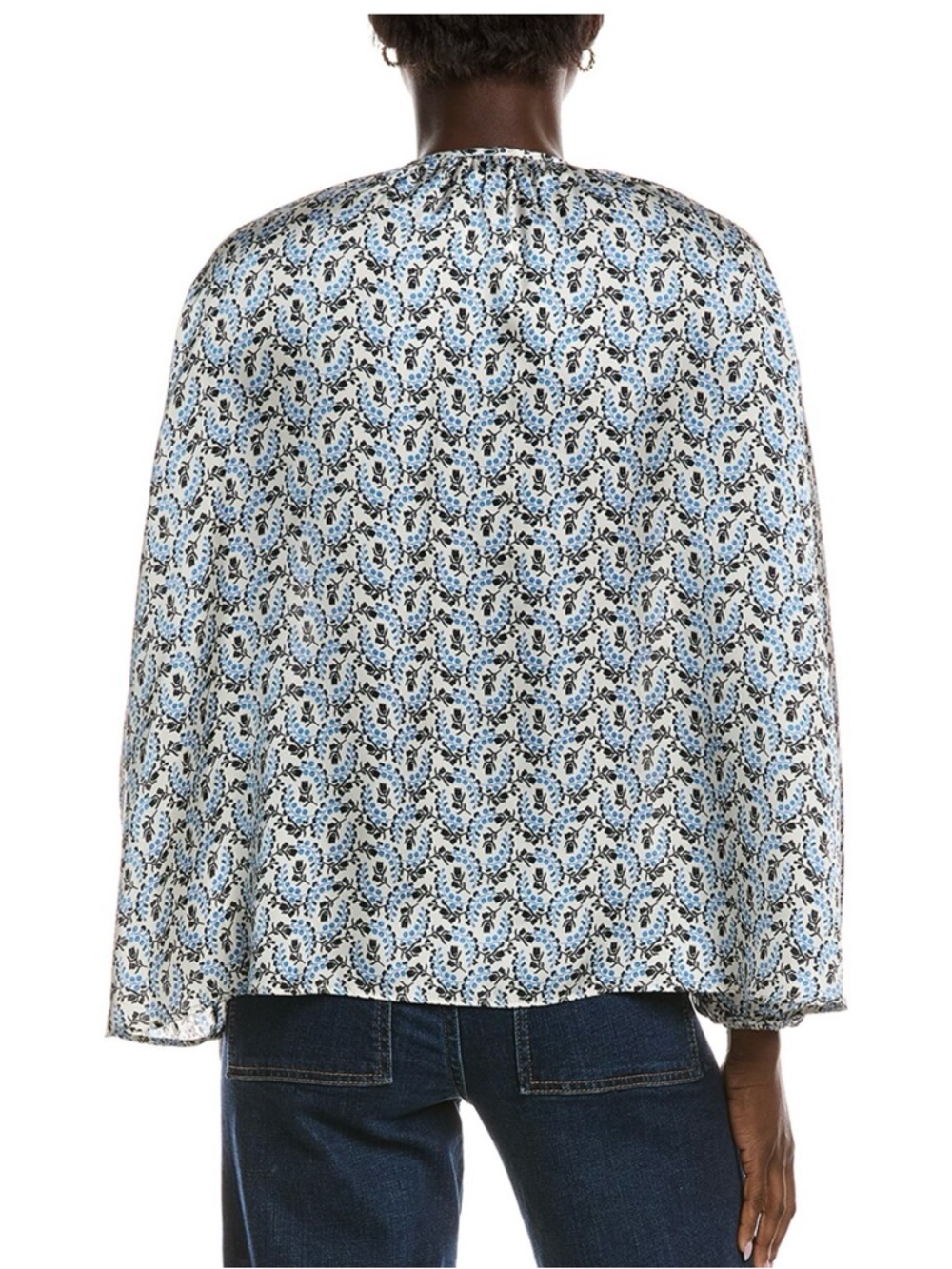 Maje Blue and Black Floral Tie-Neck Peasant Blouse size 1 - Picture 2 of 9